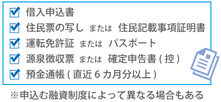 ・借入申込書・住民票の写しまたは住民記載事項証明書・運転免許証またはパスポート・源泉徴収票または確定申告書(控)・預金通帳(直近6カ月以上)　※申込む制度によって異なる場合もある